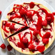 raspberry cheesecake with raspberry sauce swirl