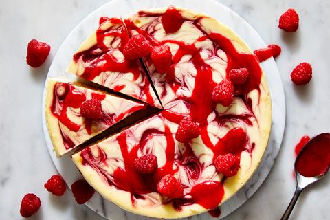 raspberry cheesecake with raspberry sauce swirl