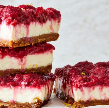 cheesecake bars with a jammy raspberry topping