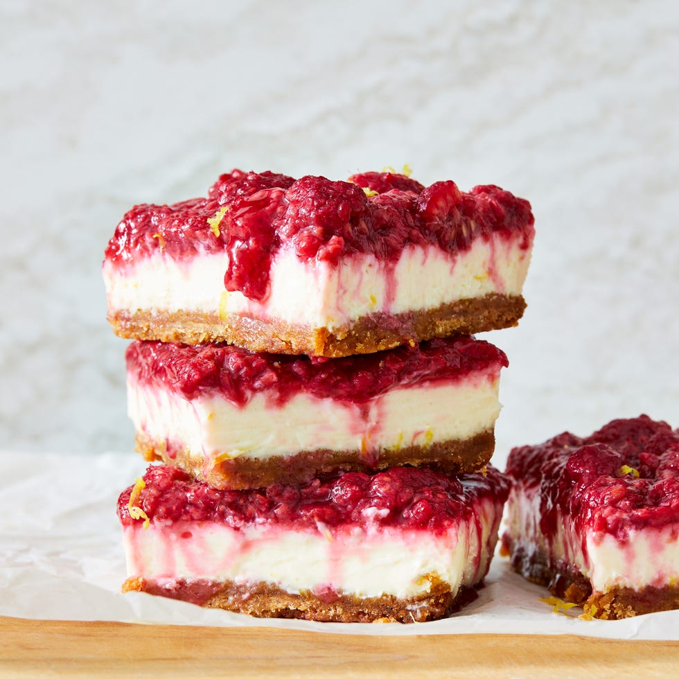 cheesecake bars with a jammy raspberry topping