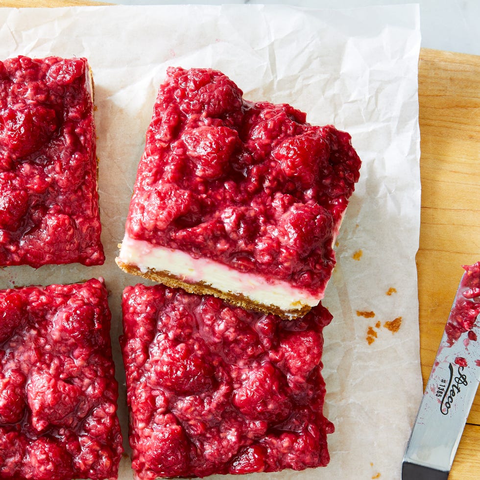 cheesecake bars with a jammy raspberry topping