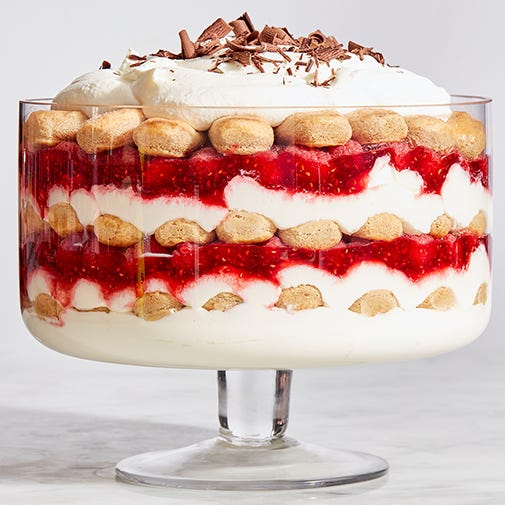 raspberry tiramisu topped with chocolate shavings