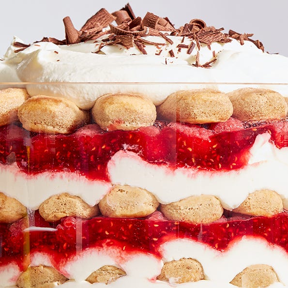 raspberry tiramisu topped with chocolate shavings
