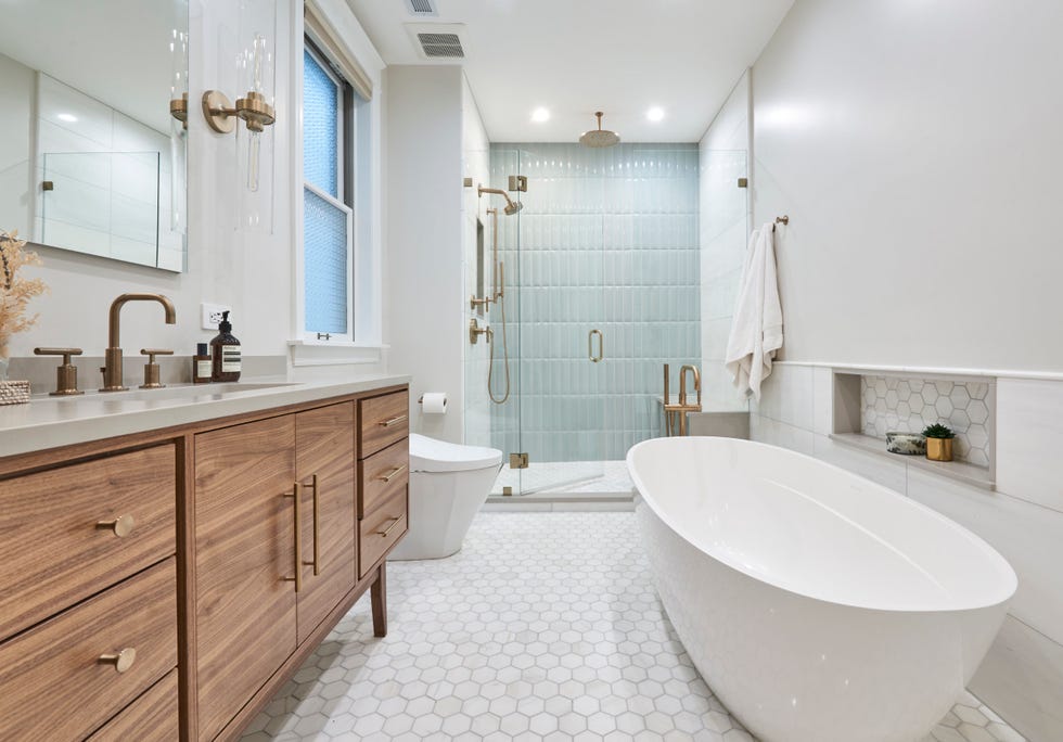 white bathroom with warm wood vanity
