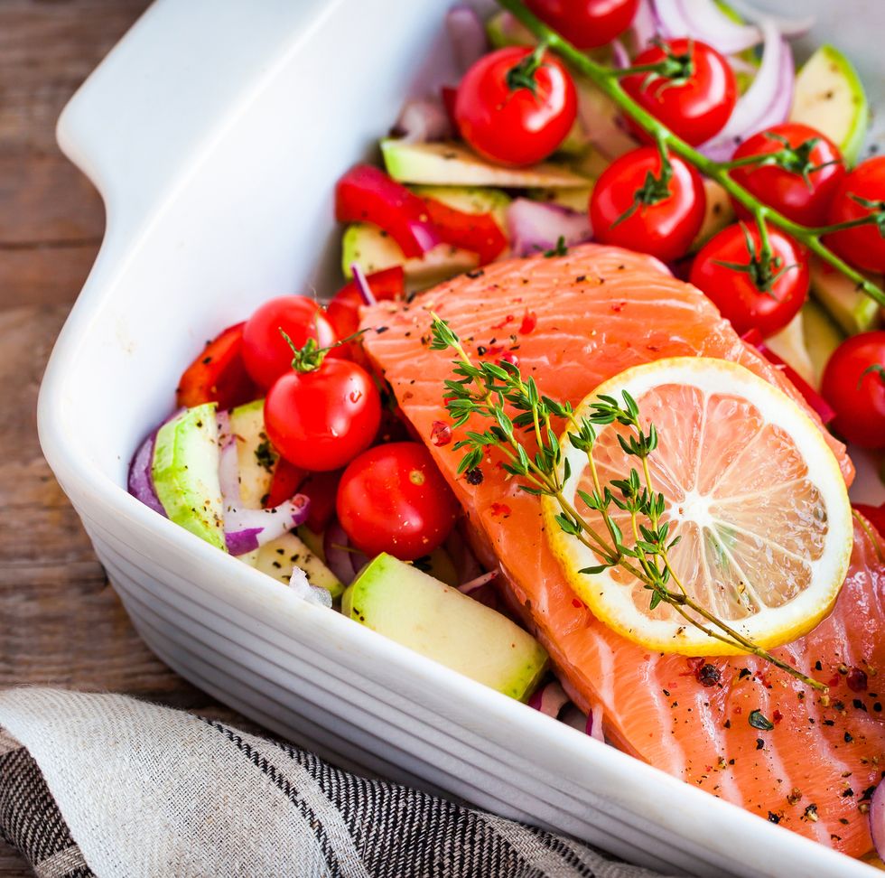 Raw fresh delicious salmon and vegetables