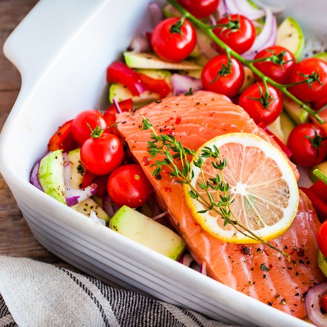 raw fresh delicious salmon and vegetables