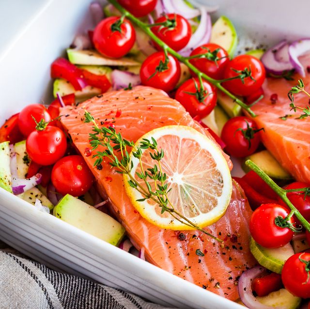 raw fresh delicious salmon and vegetables