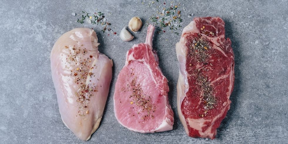 raw meat chicken breast, pork chop, and beef steak