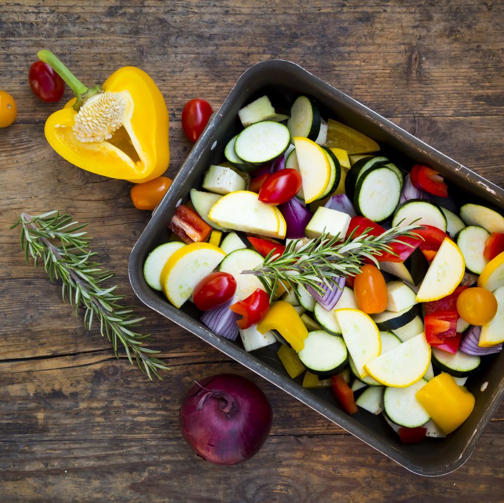 Raw Mediterranean oven vegetables on roasting tray
