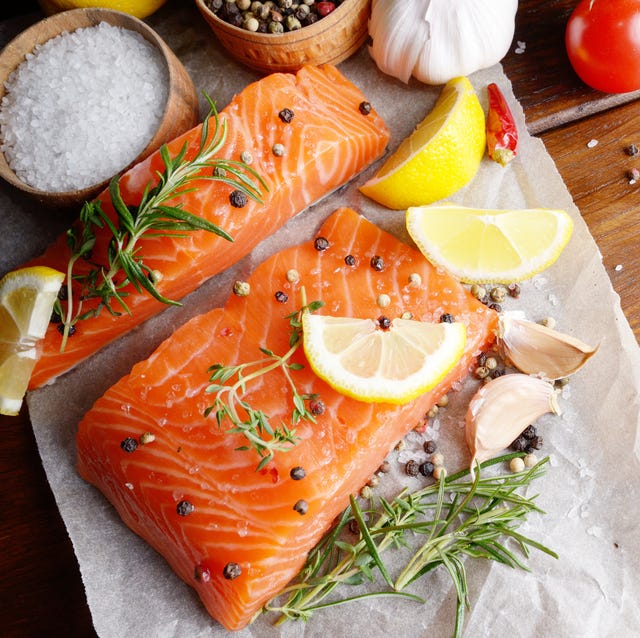 Raw salmon on baking paper