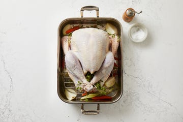 raw turkey in a roasting pan for thanksgiving