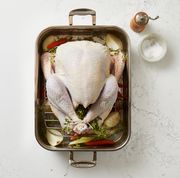 raw turkey in a roasting pan for thanksgiving