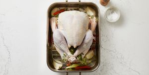 raw turkey in a roasting pan for thanksgiving