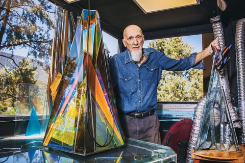 ray howlett with a work in progress light sculpture in his studio north of los angeles