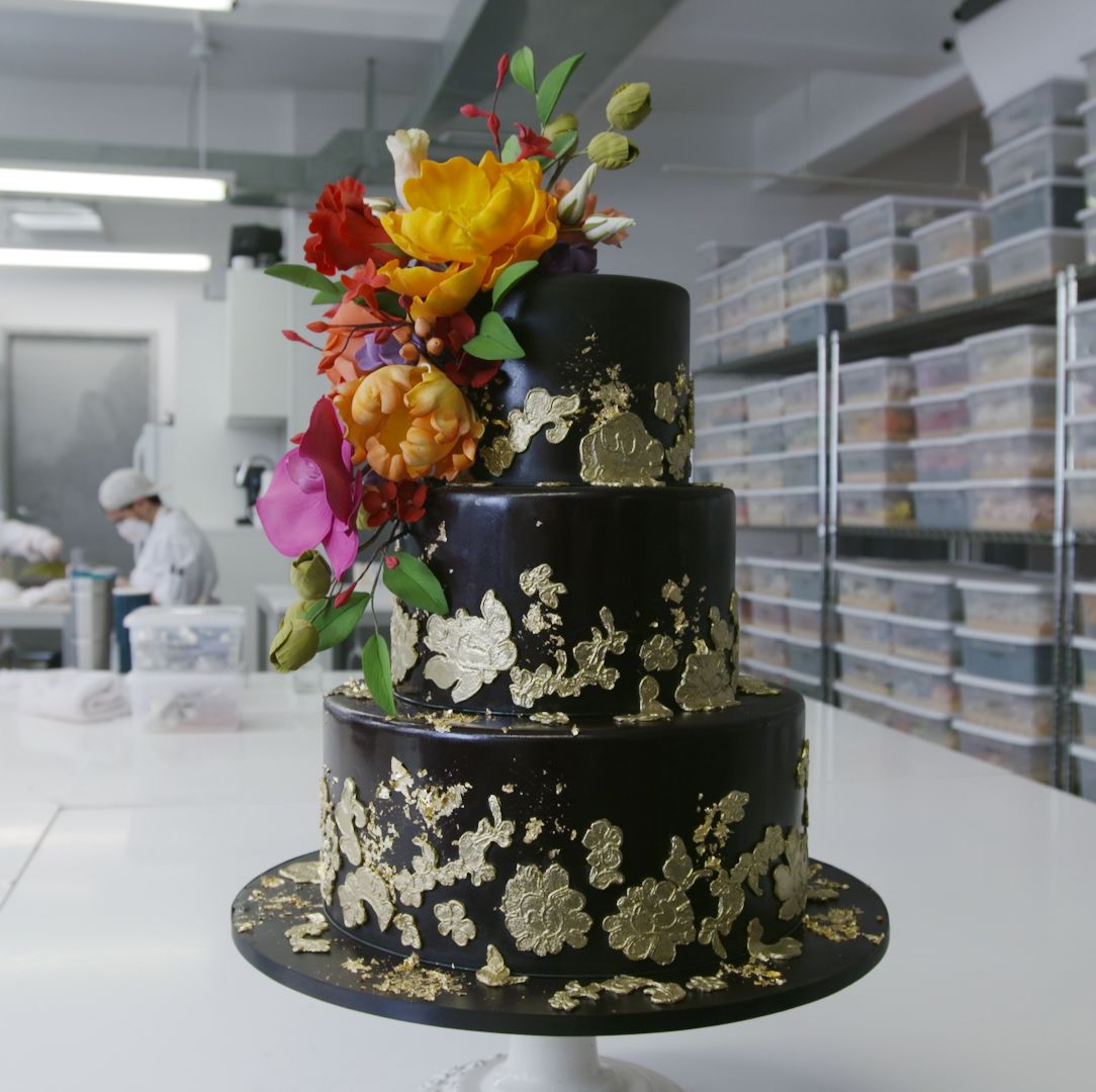 Black Fondant with Gold Leaf and Fresh Flowers - Empire Cake