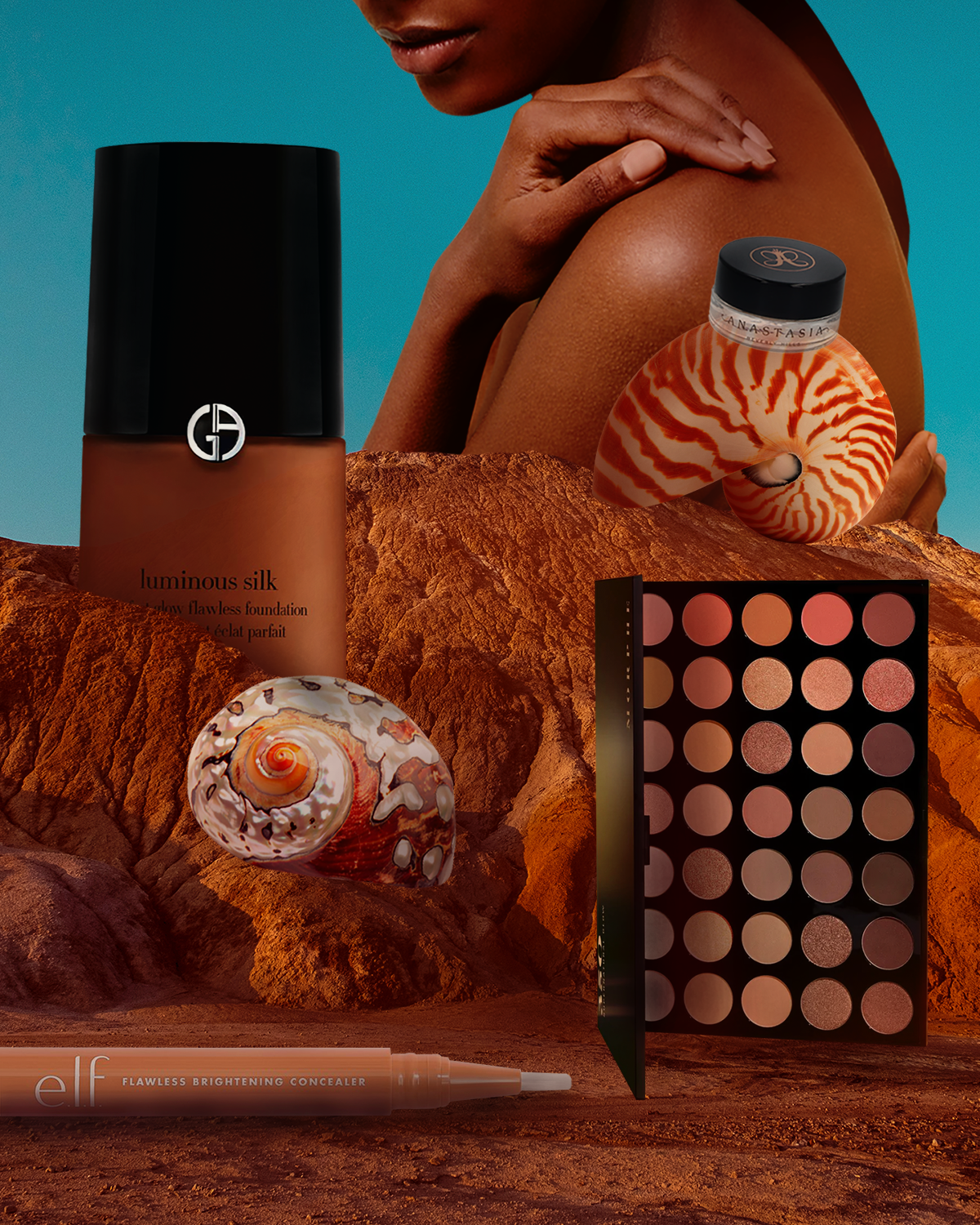 makeup and shells in desert background