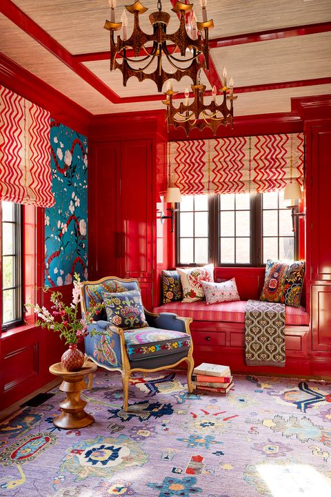 red study with reading nook