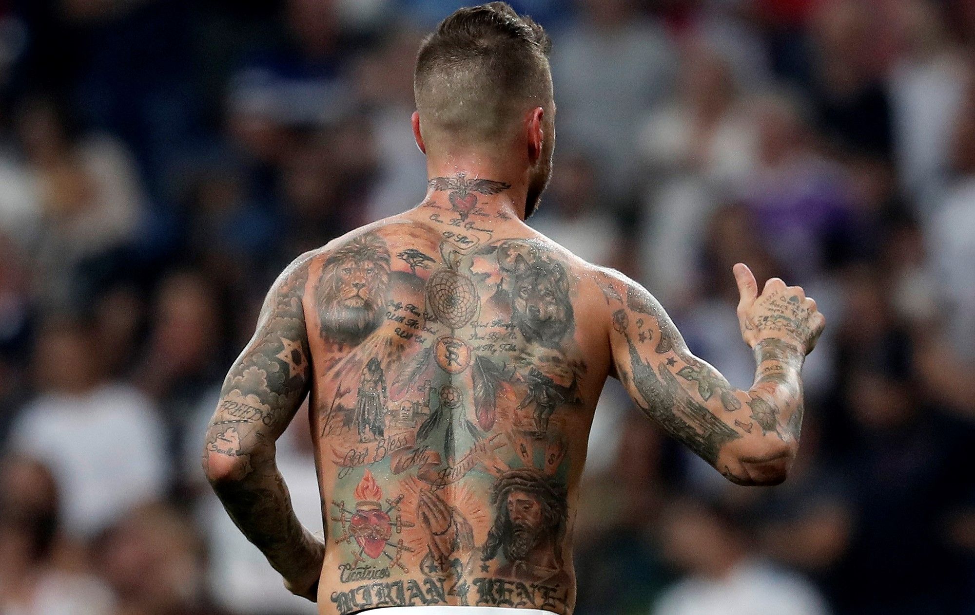 Real Madrids Player Sergio Ramos Tattoos Are Seen As He News Photo 1593760591 