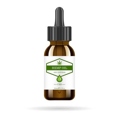Realistic brown glass bottle with hemp oil. Mock up of cannabis oil extracts in jars. Medical Marijuana logo on the label. Vector illustration.
