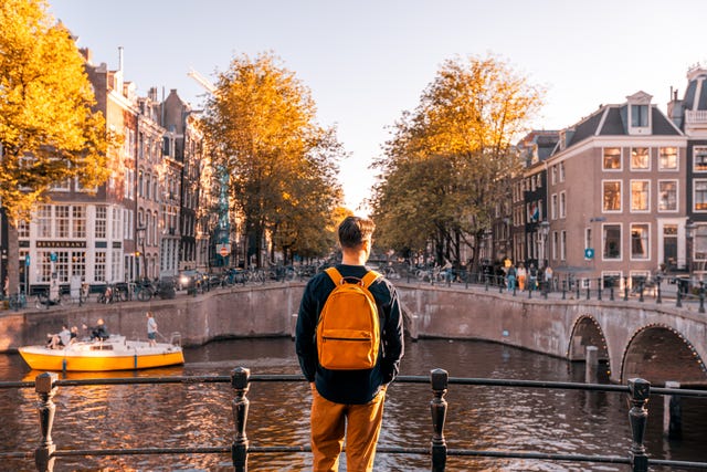 rear view of a man looking at amsterdam canal on a sunny day, netherlands