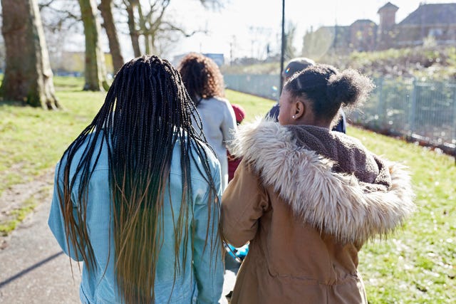 Rear view of family walking in park