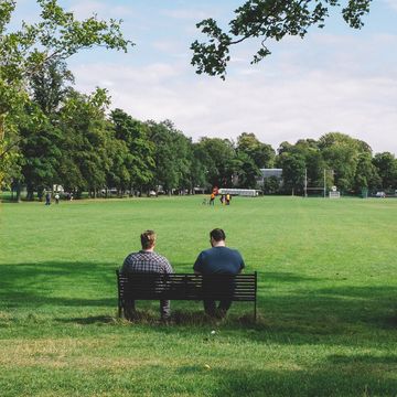 rear view of male friends sitting on bench in park against sky