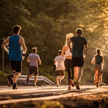 rear view of runners during a marathon race at sunset.