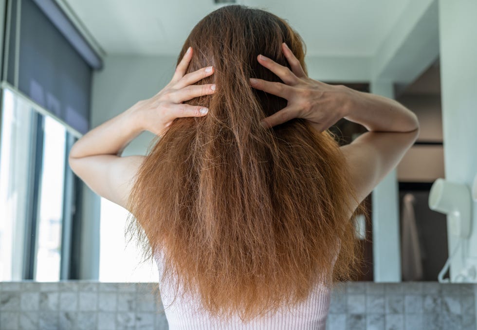 rear view of woman with her messy and damaged split ended hair
