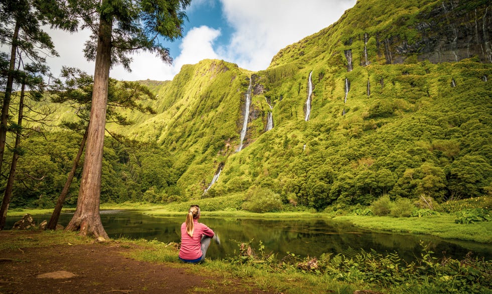 amazing waterfalls, lake with reflection, water, green landscape, azores islands