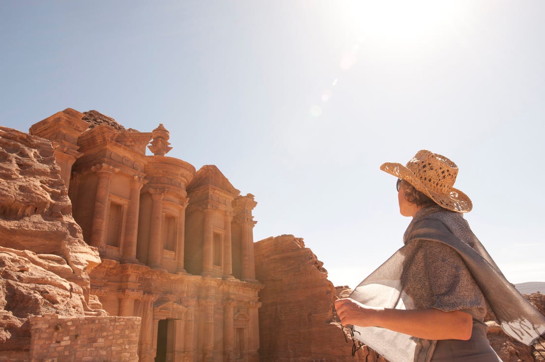 woman traveller at ruin ed deir, the monasteryjordan,petra