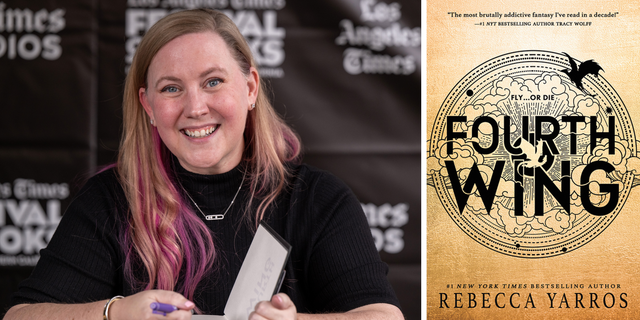 ein Foto der Autorin Rebecca Yarros, die lächelt und ein Buch signiert, neben einem Bild des Covers von „Fourth Wing“