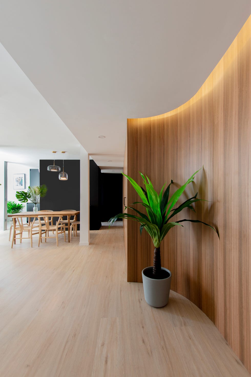 recibidor abierto al salón decorado con madera y plantas exóticas