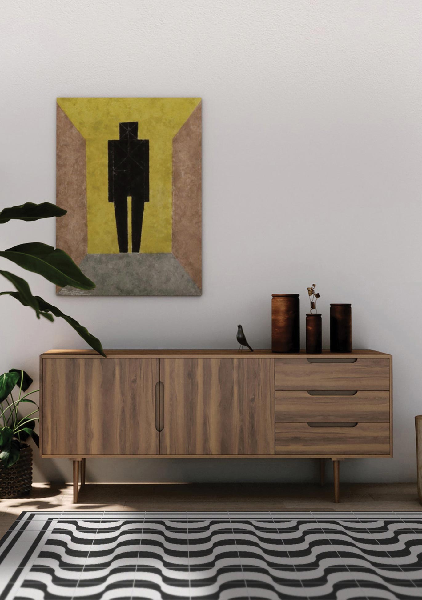 recibidor con cómoda, decorado con cuadros