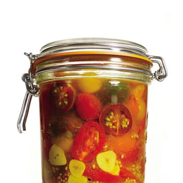 Food, Produce, Preserved food, Food storage containers, Pickling, Mason jar, Ingredient, Canning, Lid, Fruit preserve, 