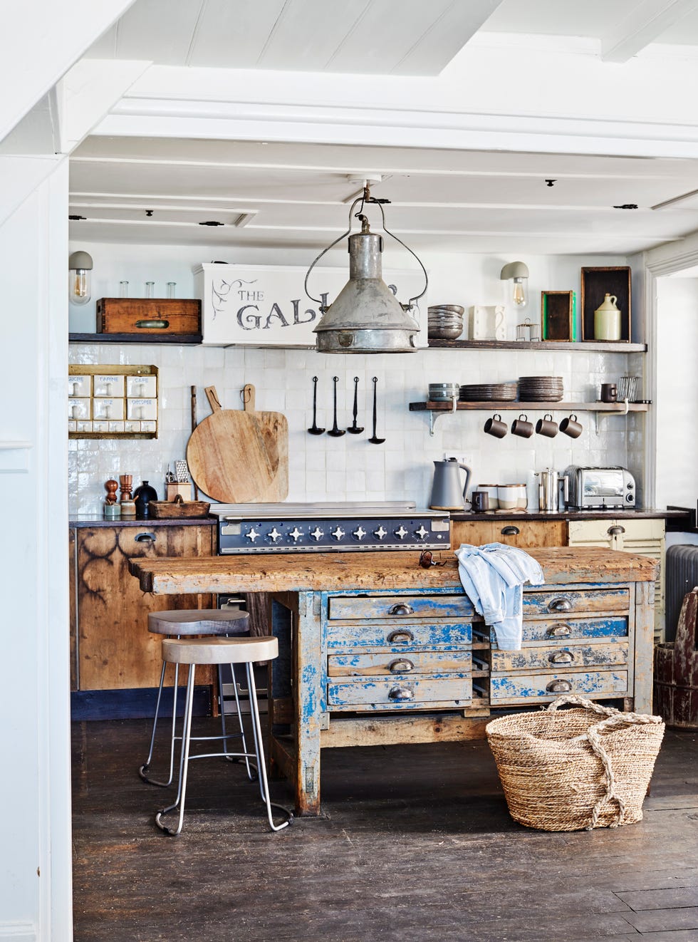 sourced at a lancashire reclamation yard an industrial tool bench is a stylish twist on a kitchen island