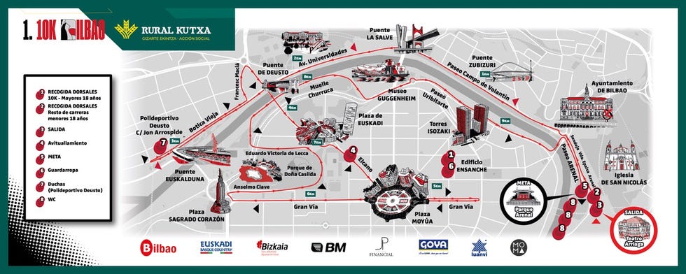 map highlighting the route for the 10k bilbao race including start and finish details