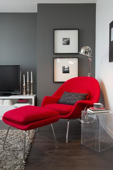 Furniture, Living room, Room, Red, Interior design, Couch, Chair, Table, Floor, Coffee table, 