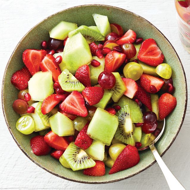 red and green fruit salad with mint syrup
