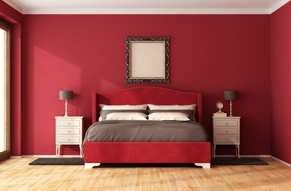 red classic bedroom with elegant bed and nightstand 3d rendering