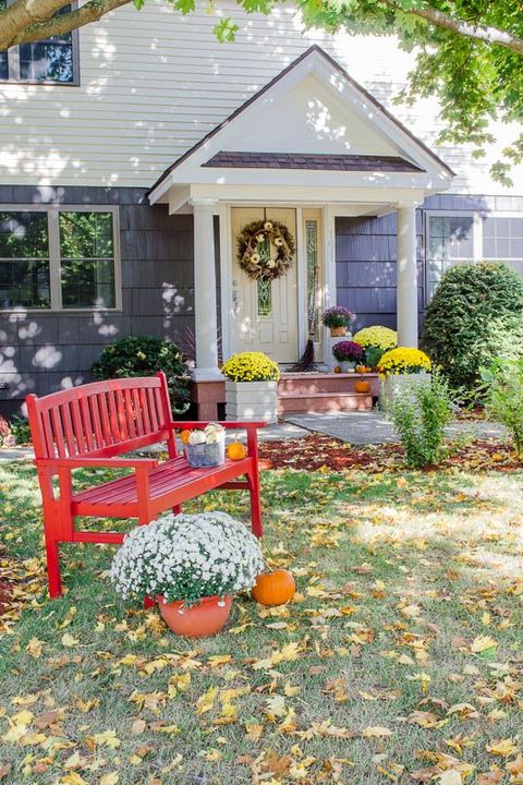 outdoor fall decorations red bench
