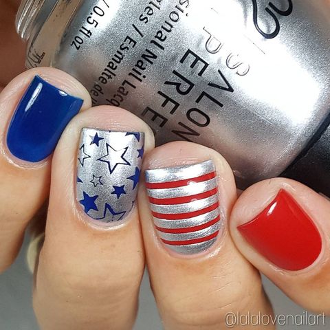 Red, Silver, and Blue Nail Art