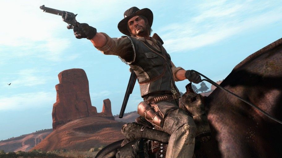 Red Dead Redemption Nintendo Switch Screenshot, John Marston auf seinem Pferd mit gezückter Waffe