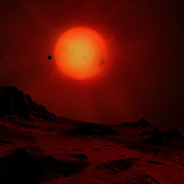 red dwarf seen from a planet, illustration