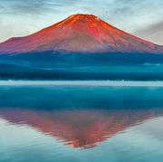 red fuji, lake yamanaka reflection