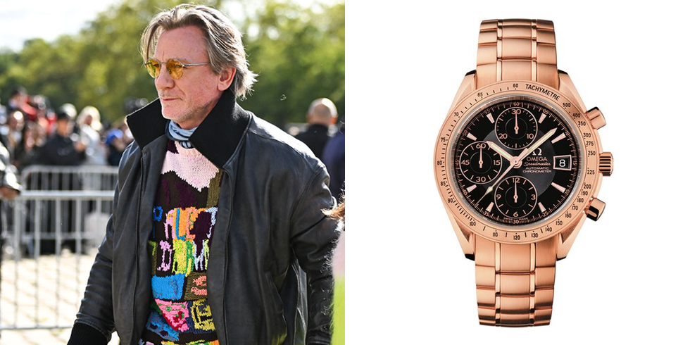 individual wearing a colorful sweater and leather jacket alongside an omega watch individual wearing a colorful sweater and leather jacket alongside an omega watch