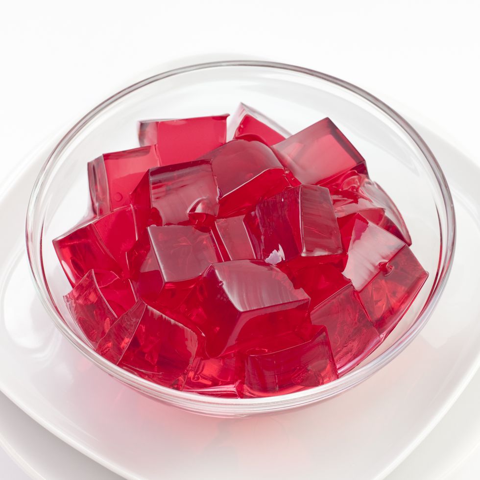 red jelly in a glass bowl