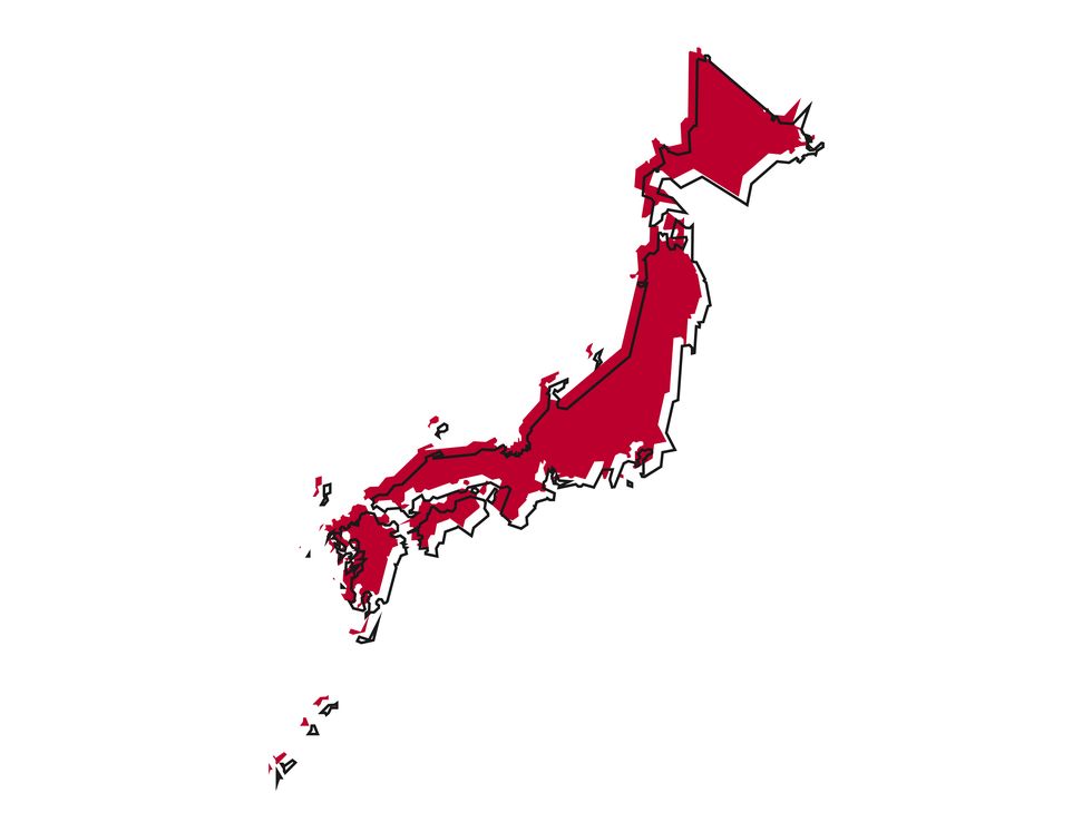 red map of japan highly detailed silhouette isolated on white background