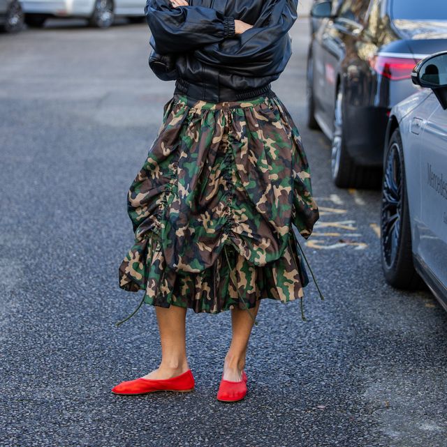 a london fashion week street style star wears red shoes