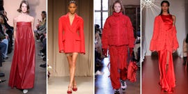 a collage of models wearing red tones at proenza schouler, jason wu, sandy liang, and alejandra alonso rojas to illustrate a post about a red color trend new york fashion week 2023