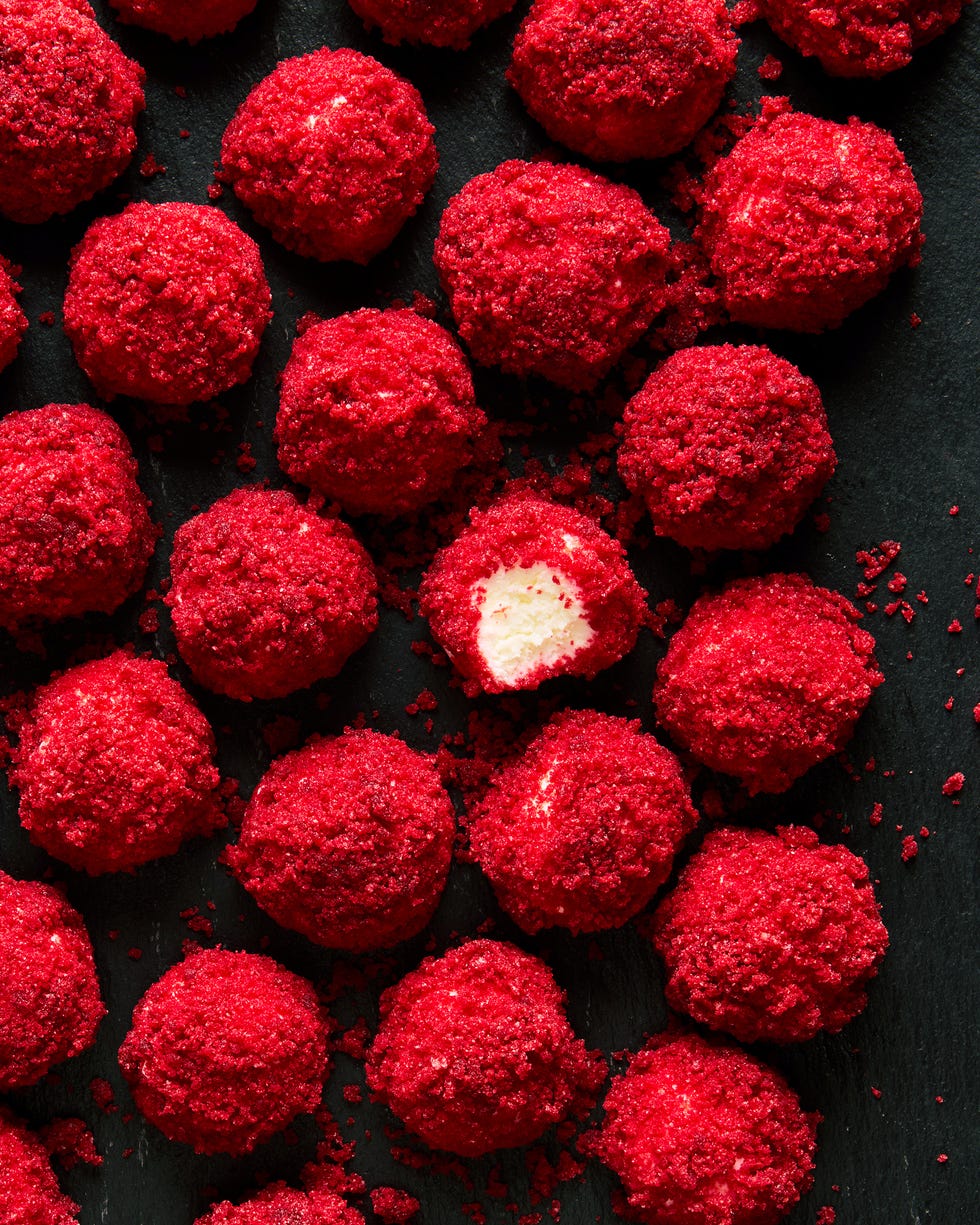 cheesecake bites rolled in red velvet cake pieces